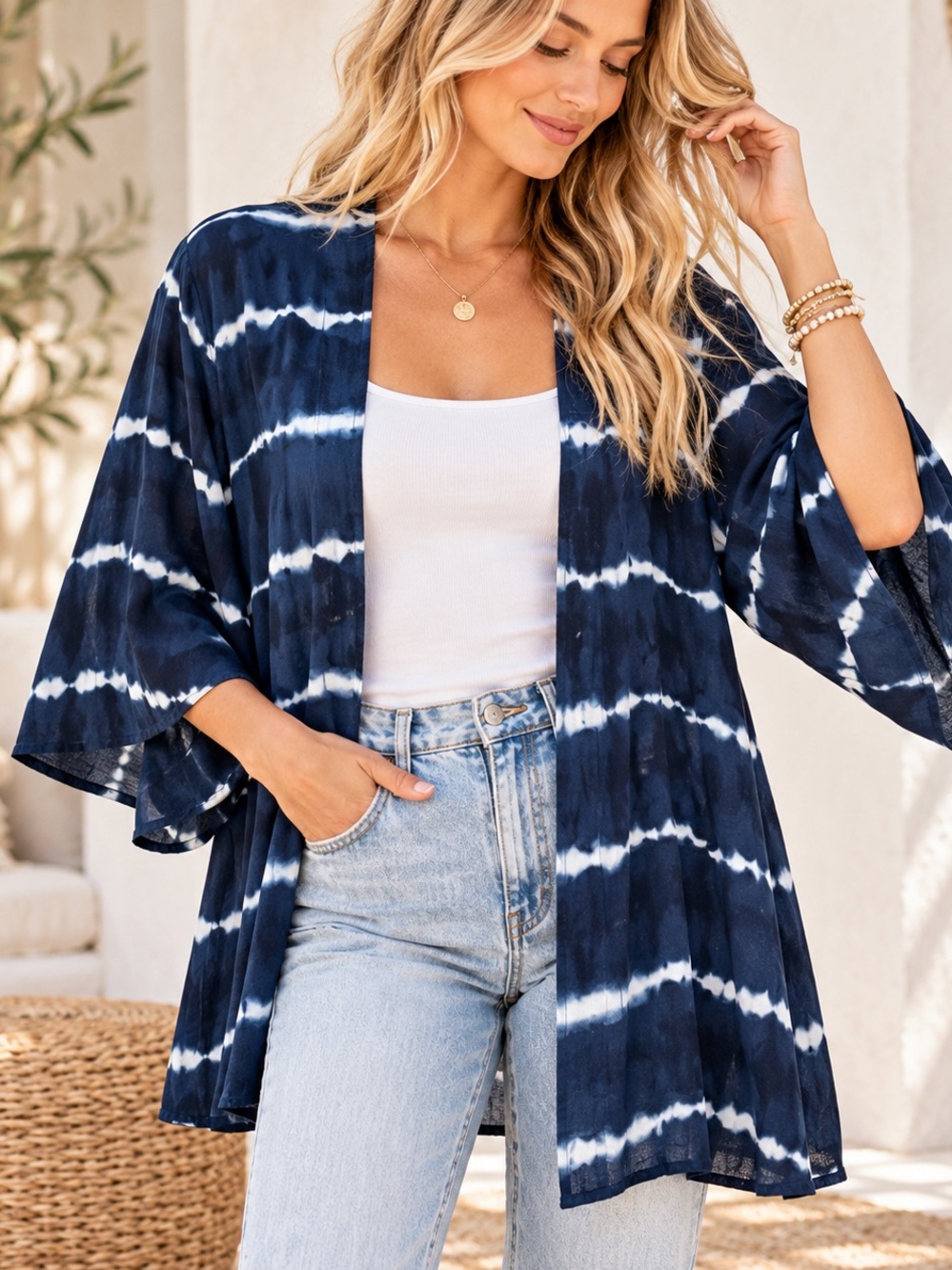 Xhilaration Tie Dye Kimono Cardigan M/ L Navy White Lightweight Boho Coastal